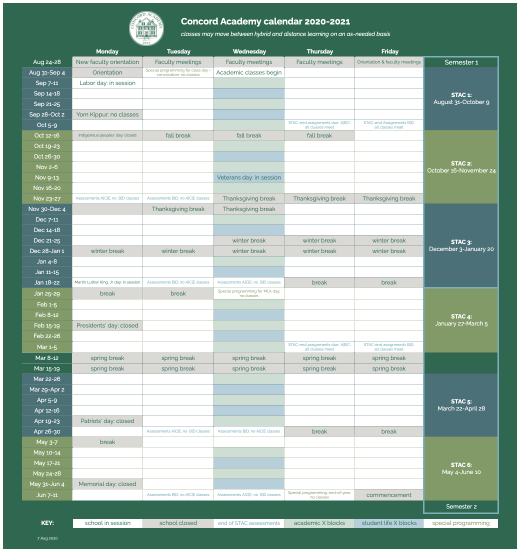 2020 2021 Academic Calendar Concord Academy