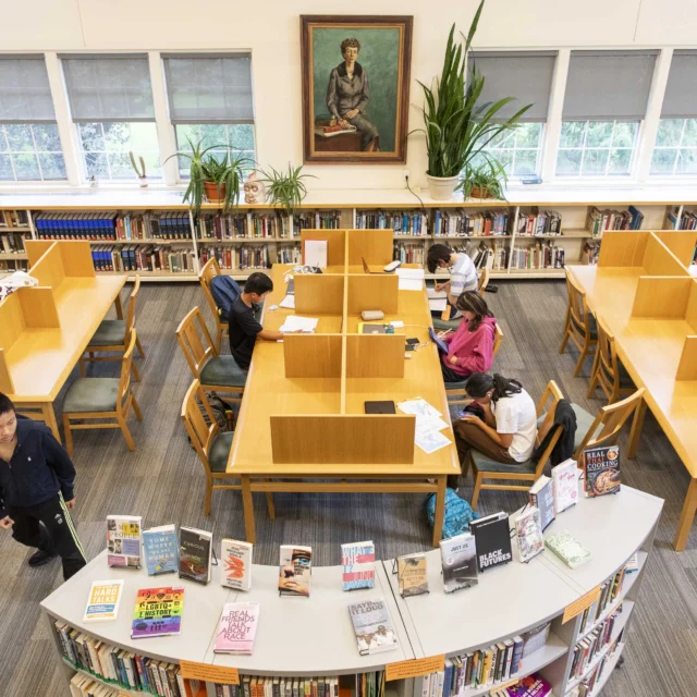People studying at wooden desks in a library with bookshelves, a large plant, and a painting on the wall.