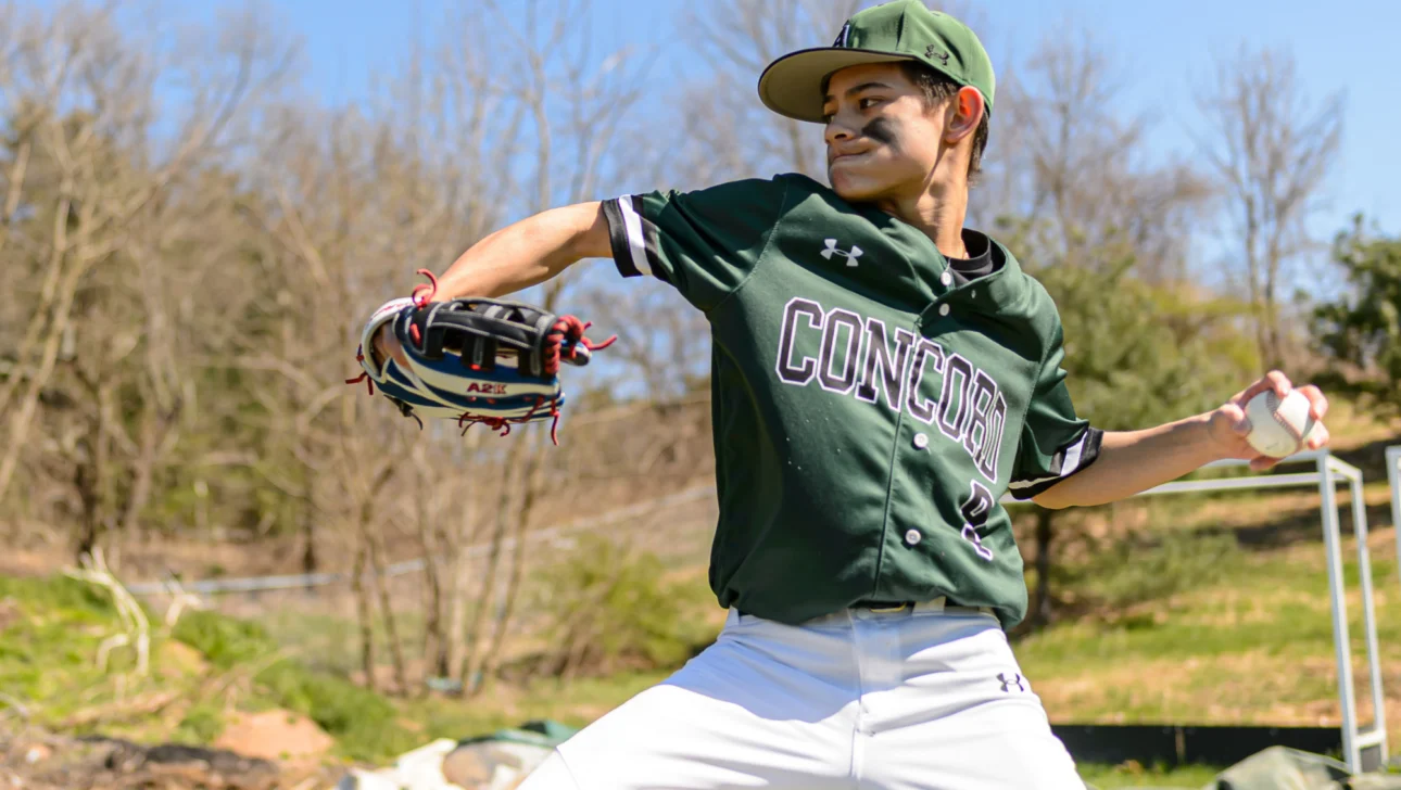 A baseball player in a green uniform prepares to throw a pitch outdoors on a sunny day, with a grassy field and trees in the background.