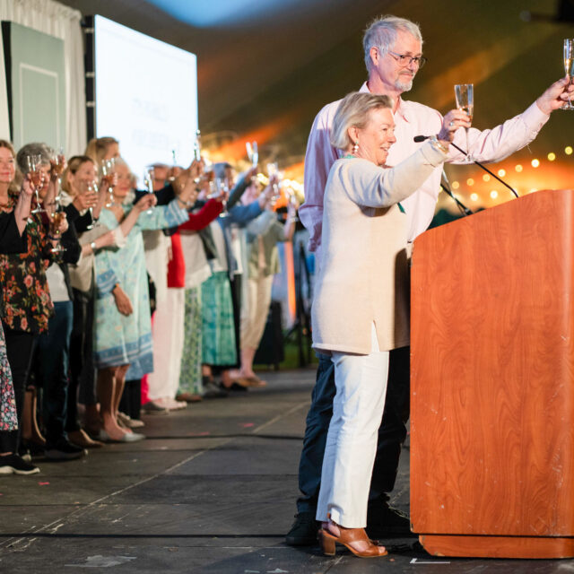 A man and woman stand at a podium holding up glasses in a toast, accompanied by a group of people on stage doing the same, in an outdoor event with string lights.