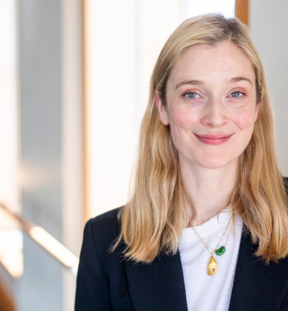 Caitlin FitzGerald ’02 addresses students and faculty in the Elizabeth B. Hall Chapel on Friday afternoon on April 19, 2024. FitzGerald was selected as this year’s Hall Fellow.