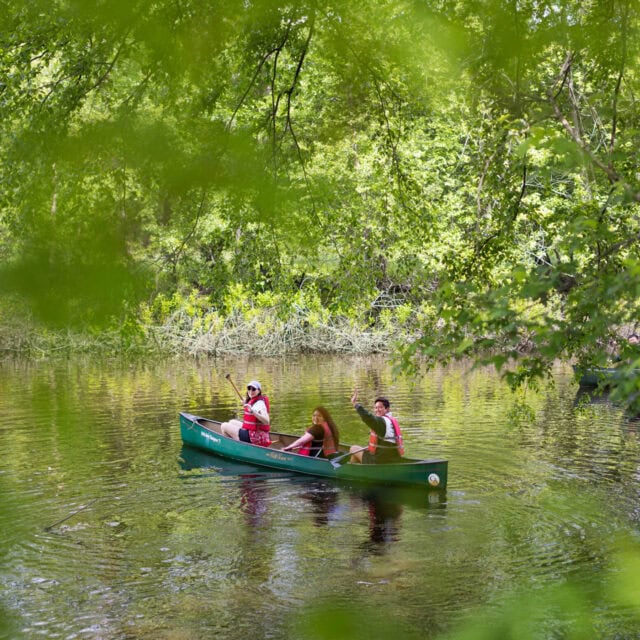 Alums canoe on the Sudbury River in a green boat.