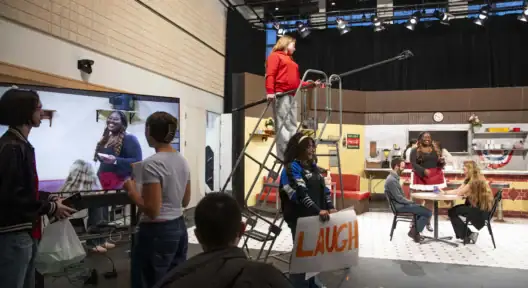 Taping of episode one of sitcom Cackleberries.